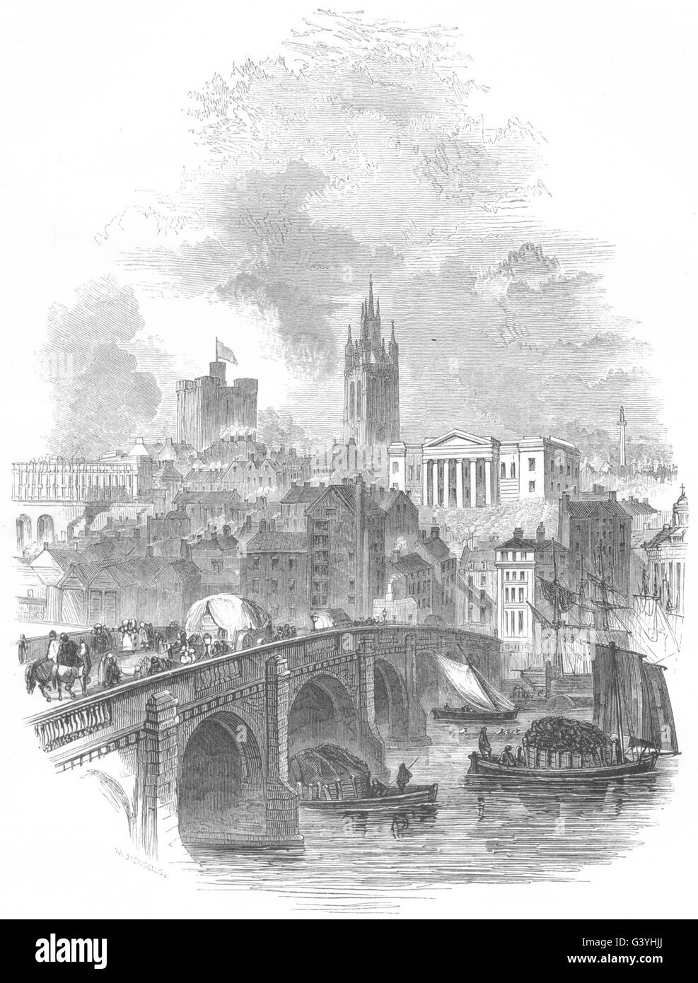 NORTHUMBERLAND: Newcastle: Tyne Bridge, antica stampa 1850 Foto Stock