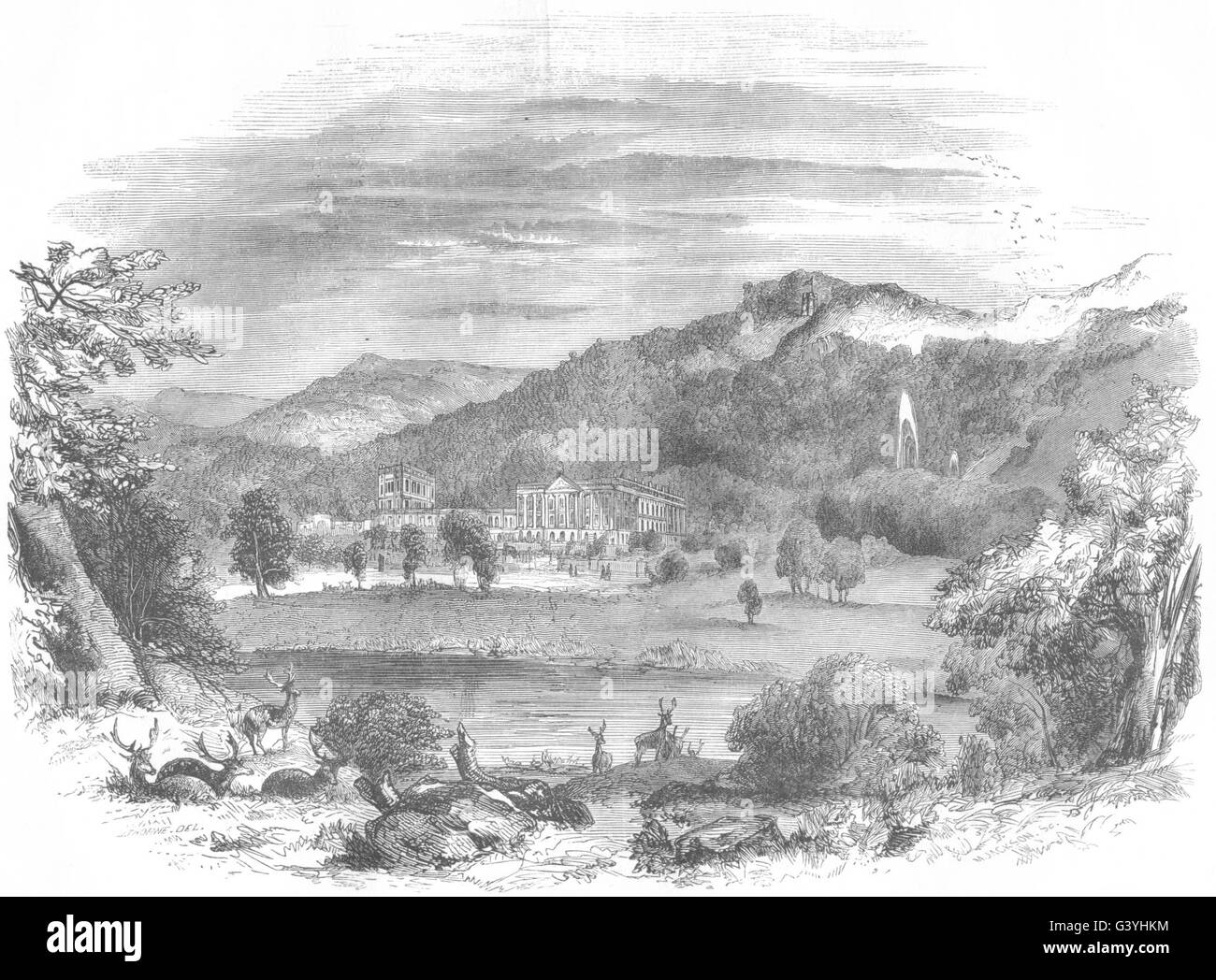 DERBYSHIRE: Chatsworth, antica stampa 1850 Foto Stock