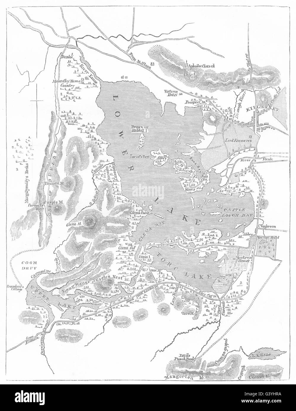 Irlanda: i laghi di Killarney: mappa di Killarney, 1850 Foto Stock