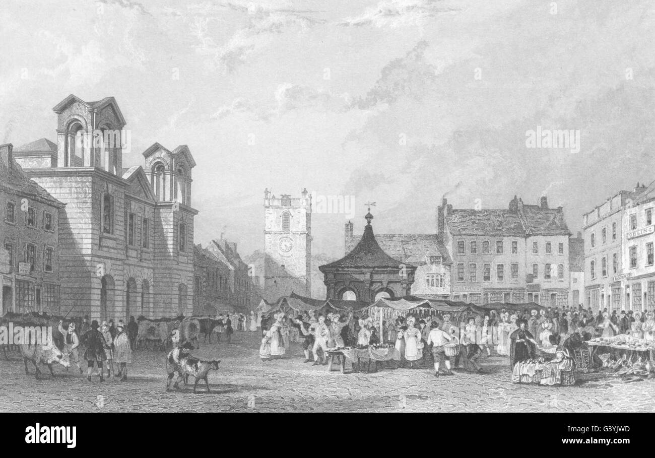 NORTHUMBERLAND: Morpeth, Market-Place (Allom) , antica stampa 1832 Foto Stock