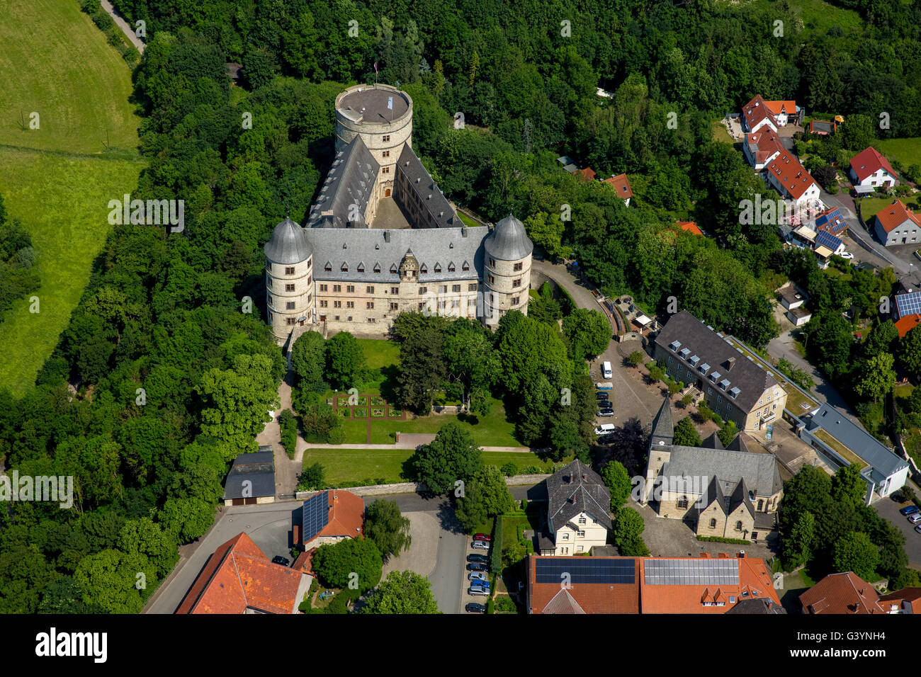 Vista aerea, Wewelsburg, Colle Castello nel quartiere città Wewelsburg Buren nel distretto di Paderborn, roccaforte triangolare, Foto Stock