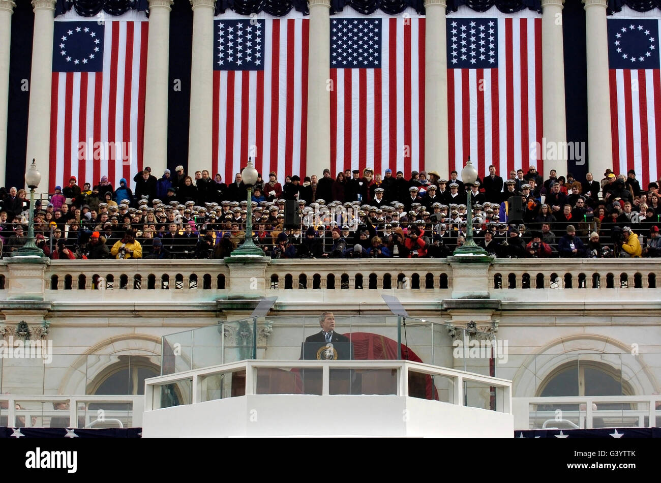 Il Presidente George W Bush fa il suo discorso inaugurale. Foto Stock