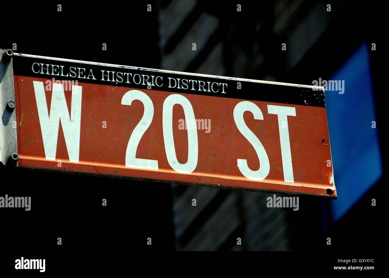 New York City: West 20th Street sign in il Chelsea quartiere storico Foto Stock