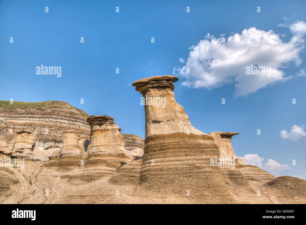 Hoodoos in corrispondenza di un sito protetto in Drumheller, Alberta. Hoodoos impiegano milioni di anni per formare e stand da 5 a 7 metri di altezza. Foto Stock