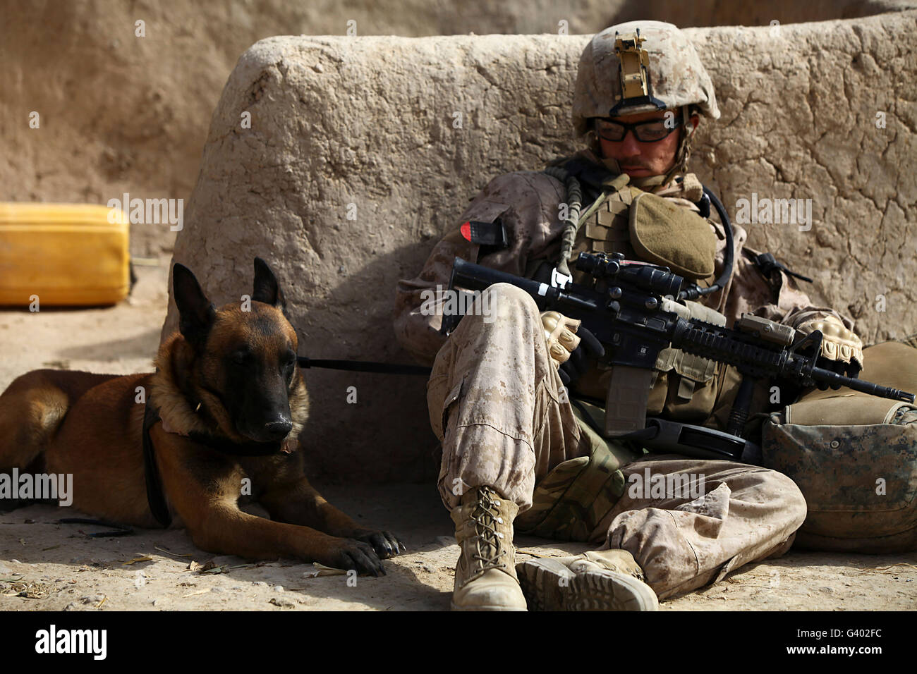 Un gestore di cane e suoi militari cane da lavoro prendere una pausa. Foto Stock