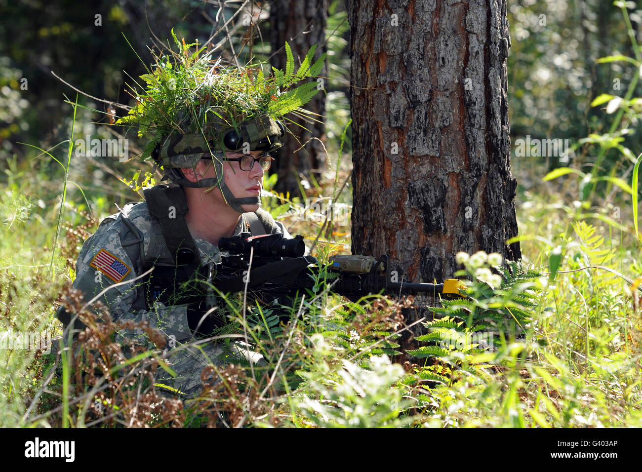 Un soldato che tiene il coperchio vicino ad un albero per fornire sicurezza. Foto Stock