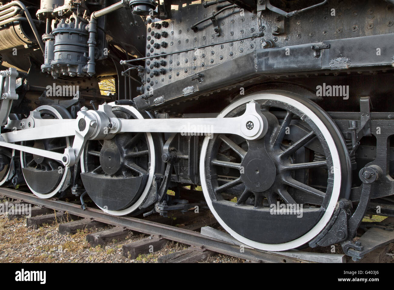 Ruote motrici principali aste che collegano, 440 SooLine, locomotiva a vapore. Foto Stock