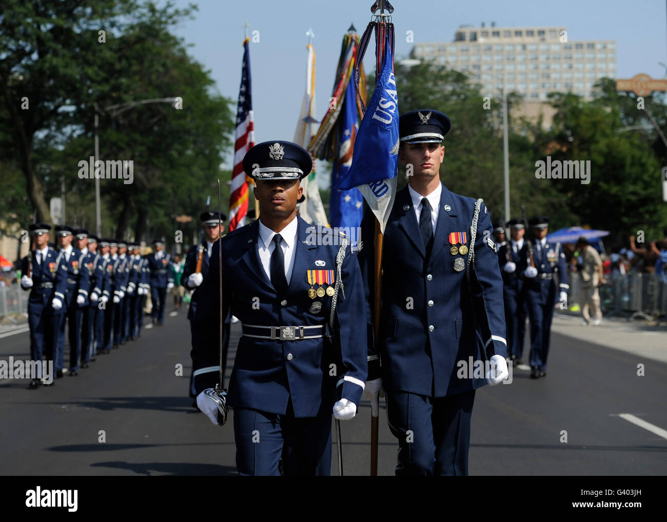 Gli Stati Uniti Air Force Team di colore e cerimoniale guardie. Foto Stock