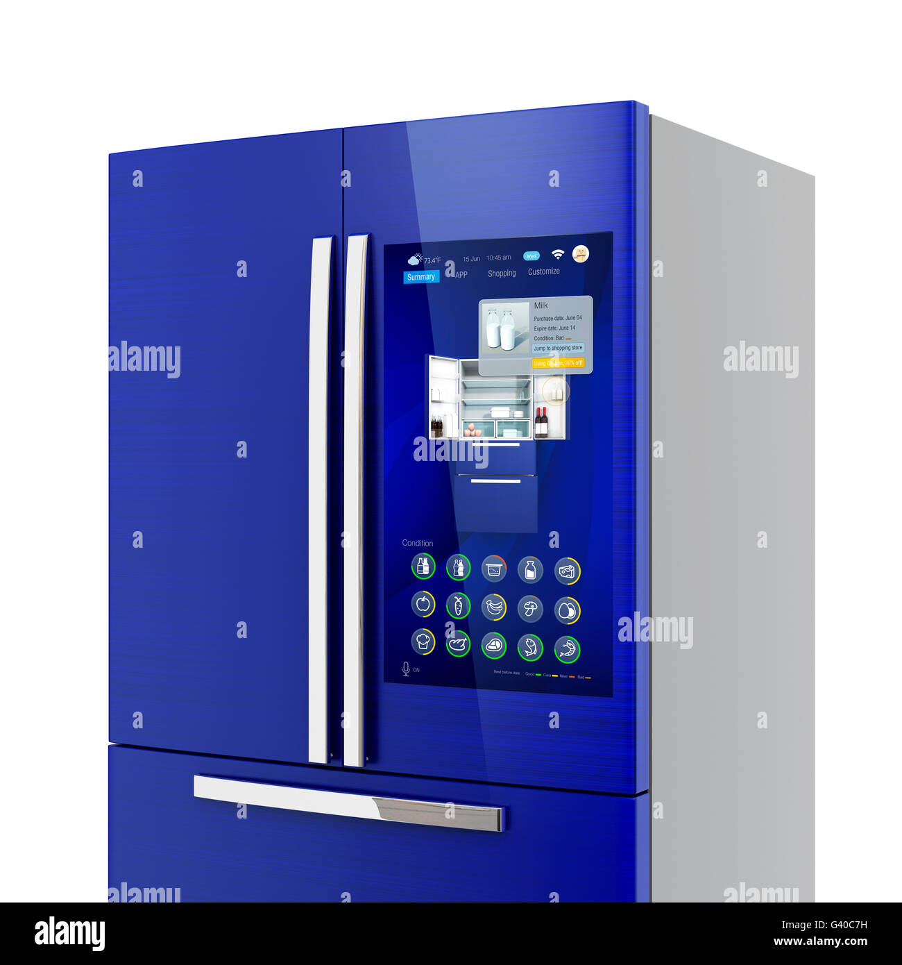 Smart frigorifero concetto. L'utente può gestire il cibo o acquistare uno nuovo da interfaccia touch-screen. Il rendering 3D'immagine. Foto Stock