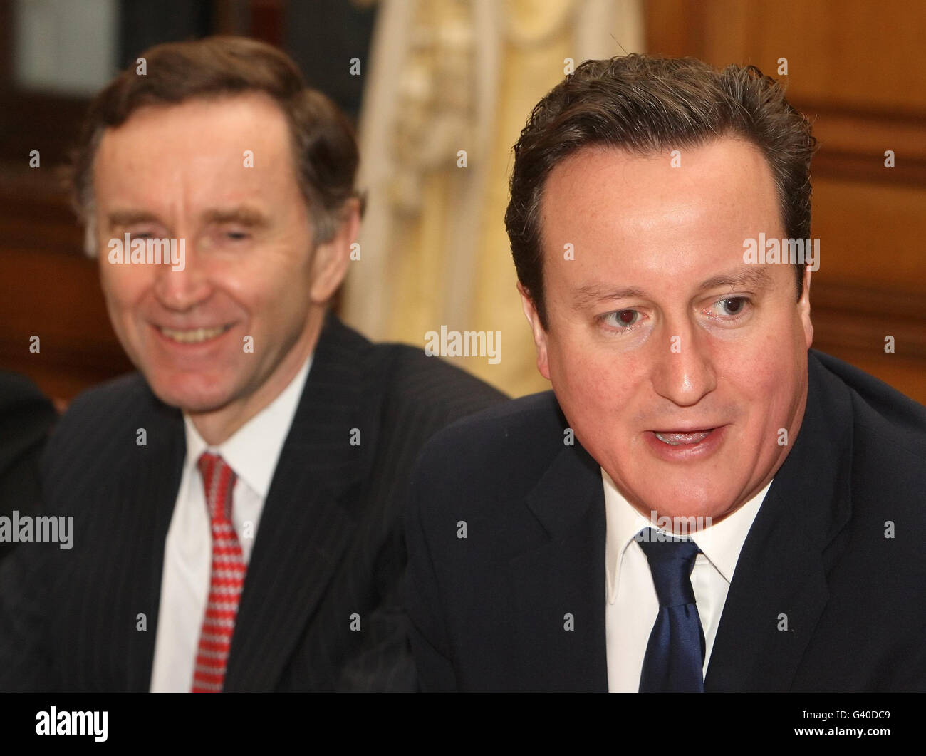 Il primo Ministro David Cameron (destra) e il Ministro per il Commercio e gli investimenti Lord Green ad un incontro degli ambasciatori di affari a 10 Downing Street, Londra. Foto Stock