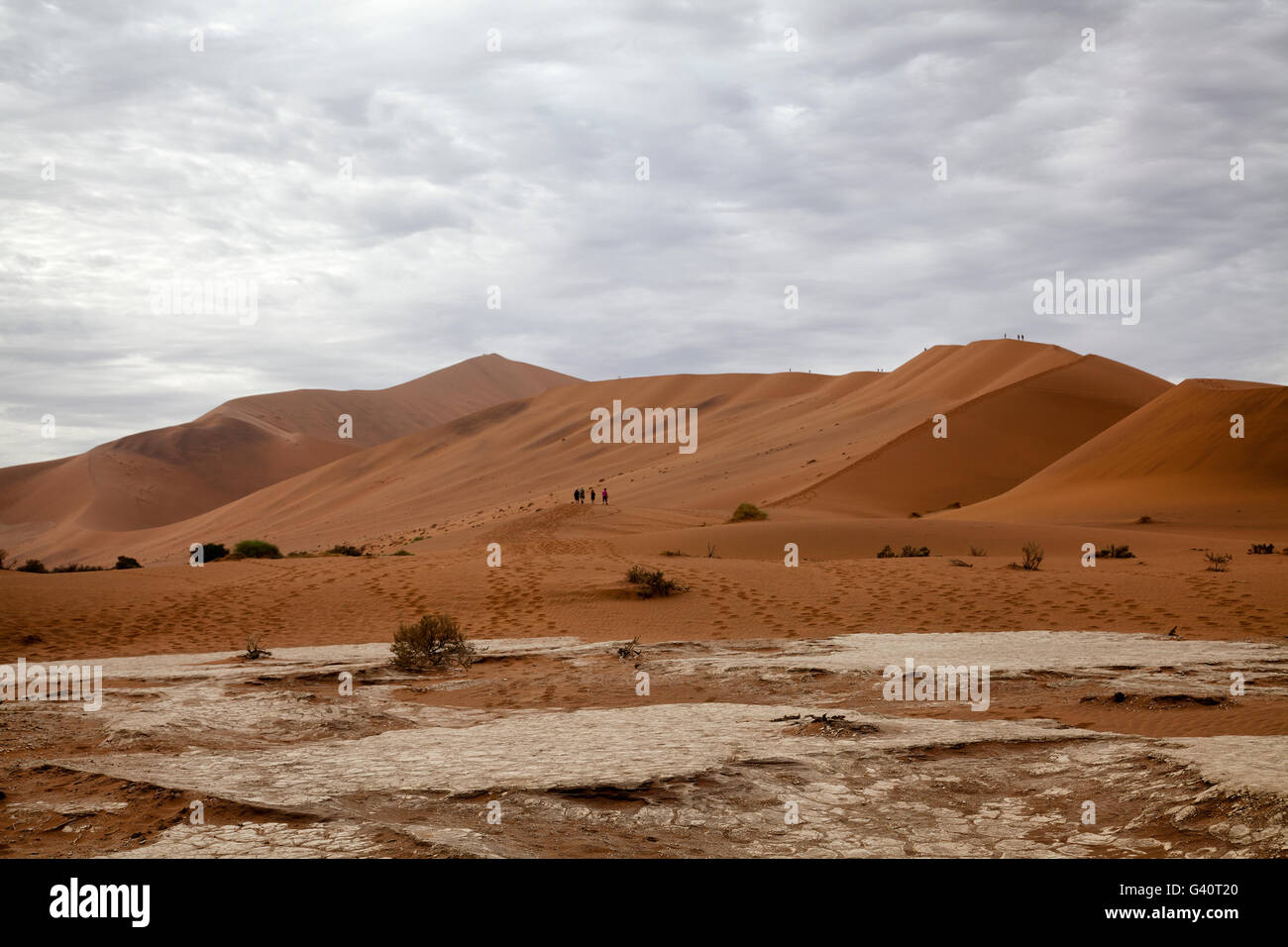 Sossusvlei paesaggio con gli alpinisti sul bordo del Big Daddy Dune in primo piano in Namibia Foto Stock