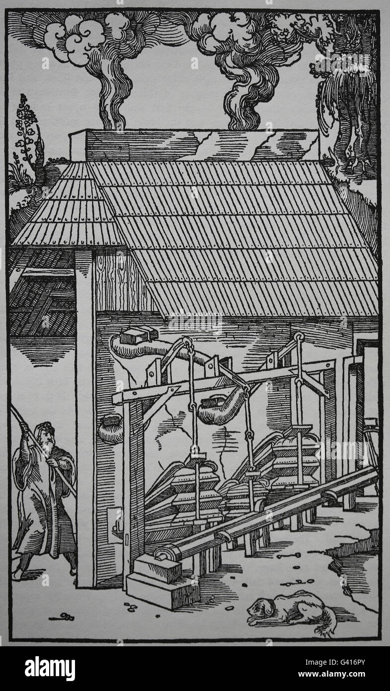 George Agricola (1494-1555) . De re metallica, 1556. Prenota IX. Metodi di fusione di minerali. A. Forni. B. Forehearths. Foto Stock