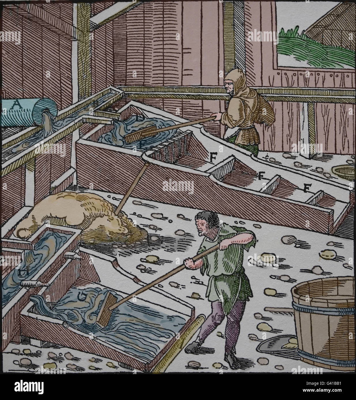 George Agricola (1494-1555) . Prenota De re metallica, 1556. Prenota VIII. Estrarre i metalli. Incisione di Basilio Weffring. Colore. Foto Stock