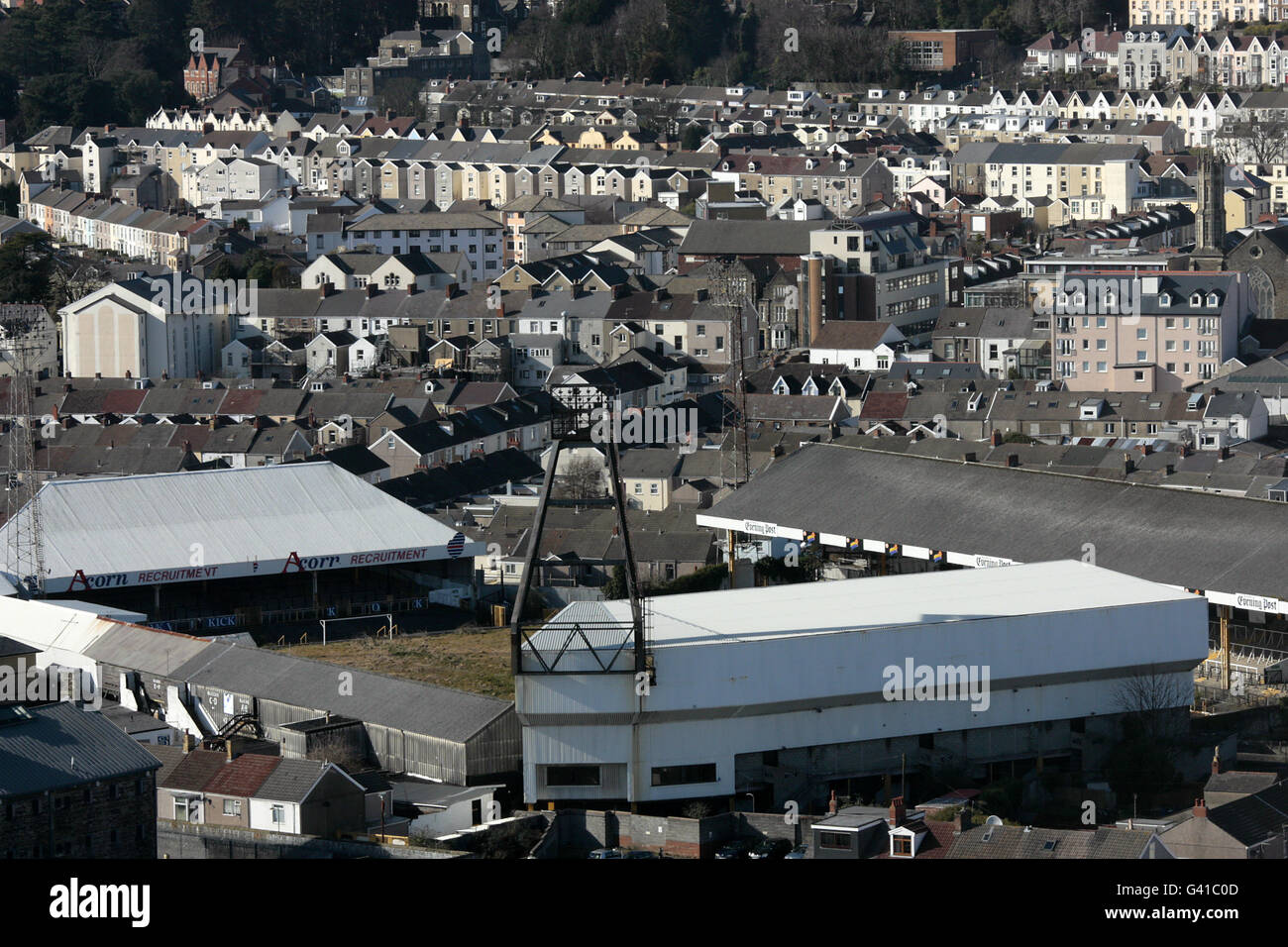 Una vista generale del sito della ex casa di Swansea City Football Club, il campo di attacco. Utilizzato dal club dal 1912 al 2005 quando il club si trasferì all'attuale Liberty Stadium. Lo stadio è in disuso Foto Stock