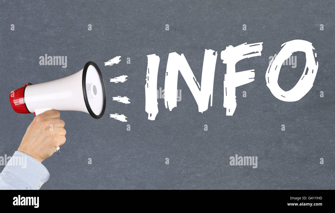 Info Informazioni messaggio annuncio news annunciare la mano con megafono Foto Stock