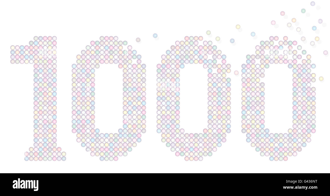 Pastello mille bolle colorate che rappresentano il numero mille - esattamente contato - illustrazione su sfondo bianco. Foto Stock