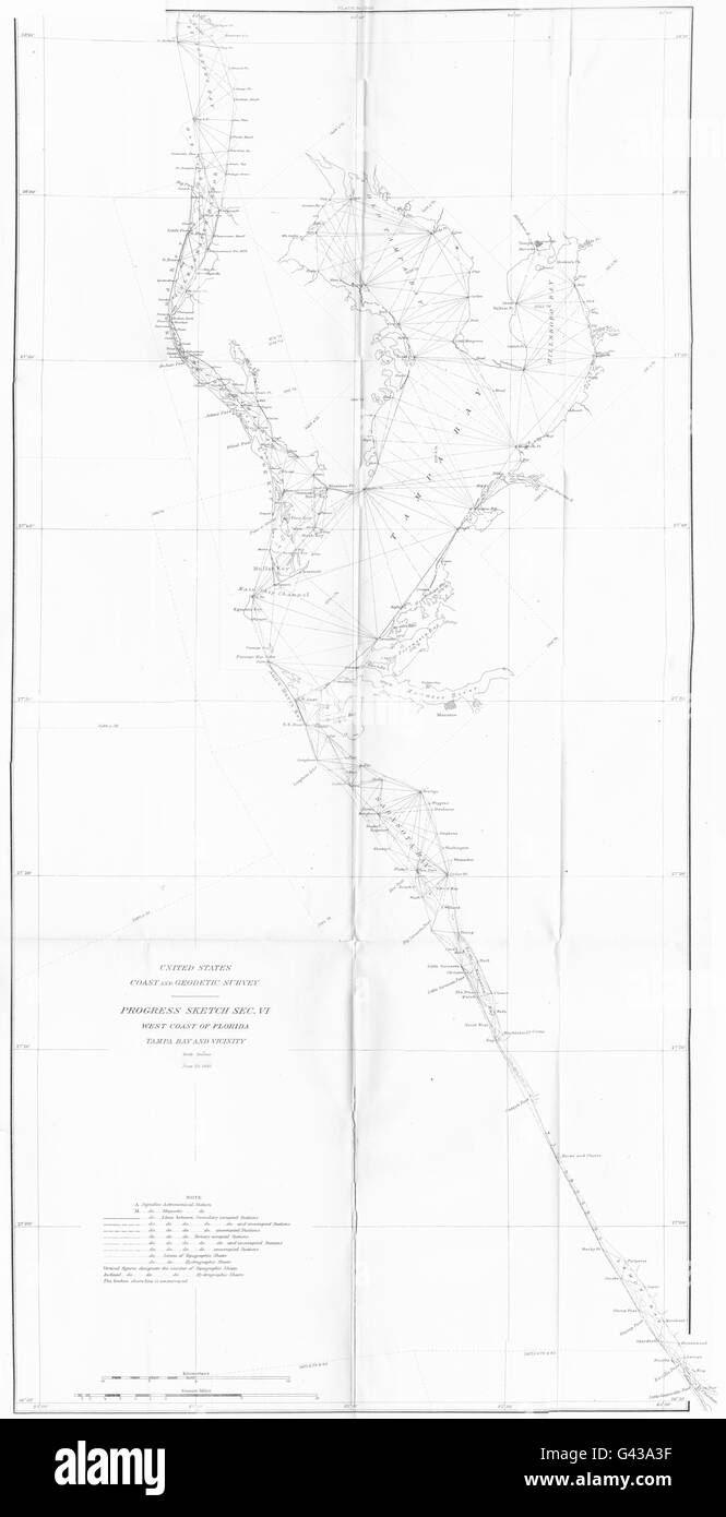 FLORIDA occidentale costiera del golfo USCGS sondaggio:Tampa Bay St Petersburg Sarasota 1881 mappa Foto Stock