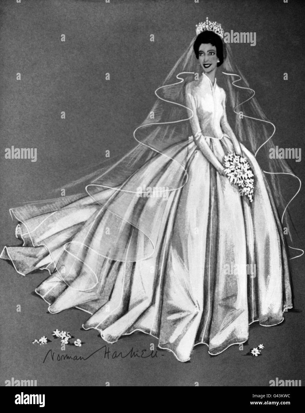 Il design di Norman Hartnell per l'abito da sposa della Principessa Margaret. Foto Stock