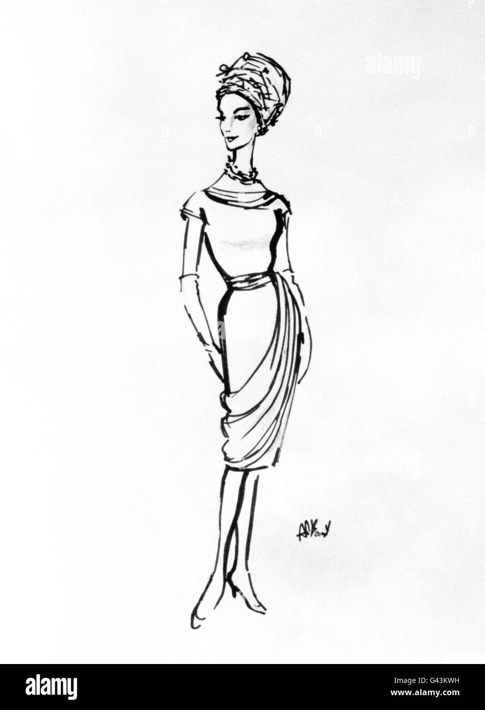 Un disegno del designer Victor Stiebel del vestito 'Going-away' della principessa Margaret, da indossare dopo il suo matrimonio con Antony Armstrong-Jones. Foto Stock