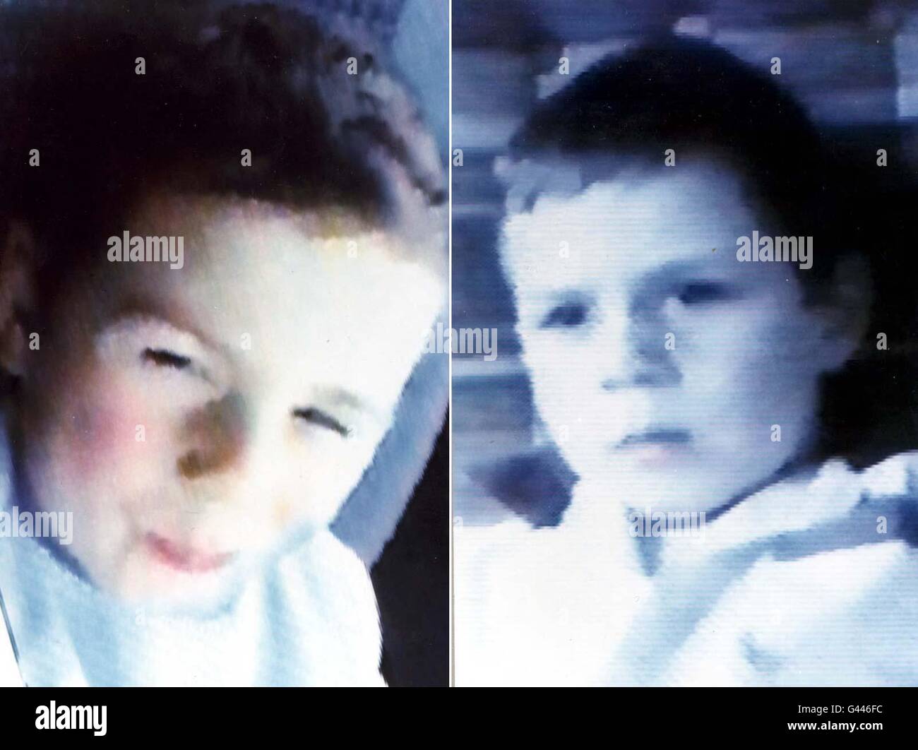 Un file combinato di due immagini video non elaborate dello stesso ragazzo non identificato emesse oggi (sabato) dalla polizia. Essi sono desiderosi di scoprire l'identità del ragazzo che stanno cercando urgentemente in relazione ad un grande crimine. Le immagini sgranate sono tratte da un filmato catturato dai detective del gruppo di criminalità organizzata del cantiere scozzese, le cui responsabilità includono l'indagine sugli anelli dei pedofili. Scopri PA Story CRIME Boy. Foto Stock
