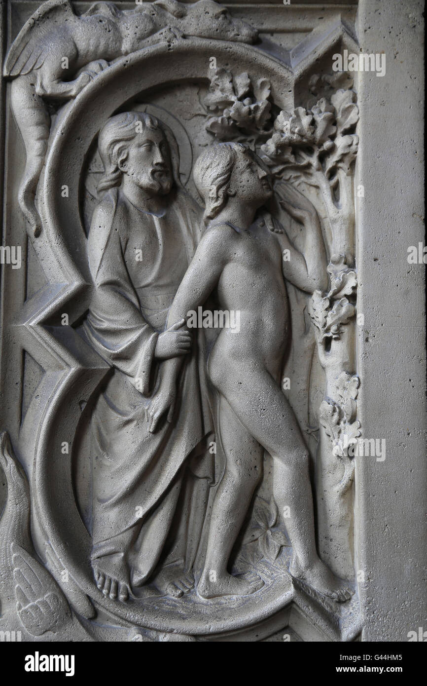 Dio e Adam. Sollievo. Genesi. Xiii c. La Sainte-Chapelle, Parigi, Francia. Foto Stock