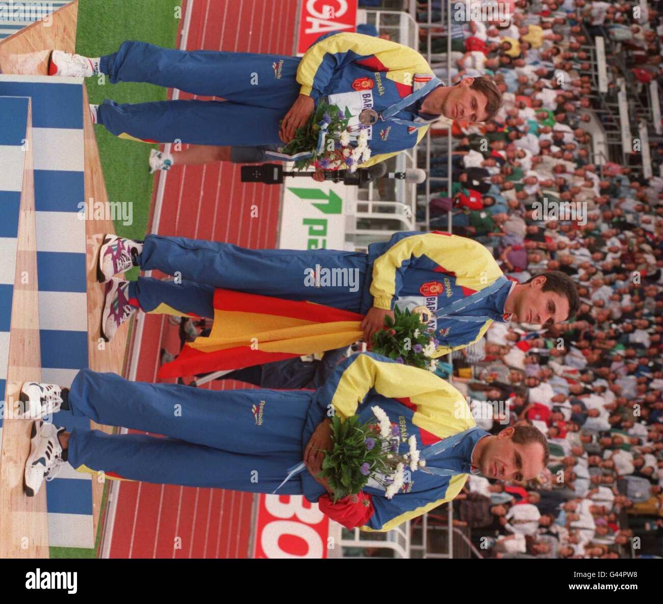 ATLETICA EUROPEA HELSINKI. I 3 MEDALISTI SPAGNOLI NELLA MARATONA L-R: ALBERTO JUZDADO, MARTIN FIZ, E DIEGO GARCIA Foto Stock