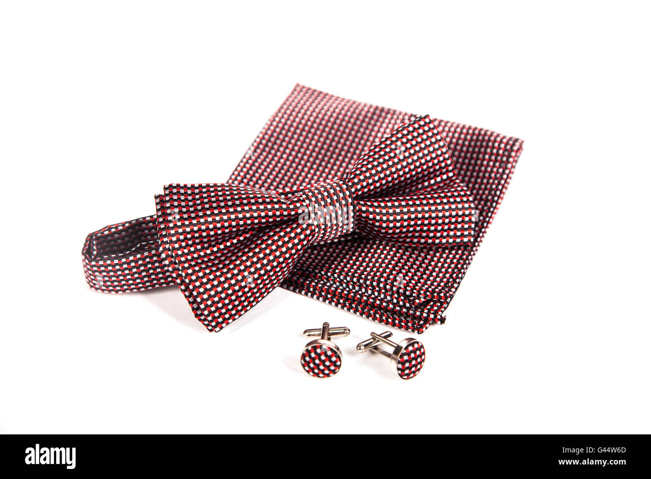 Il filtro Bow tie, fazzoletto e gemelli. Accessori di nozze lo sposo. Foto Stock
