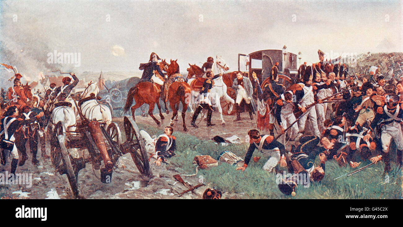 La sera della battaglia di Waterloo. Dopo un dipinto da Ernest Crofts. Il dipinto mostra Napoleone lasciando il campo di battaglia dopo la sconfitta del suo esercito Foto Stock