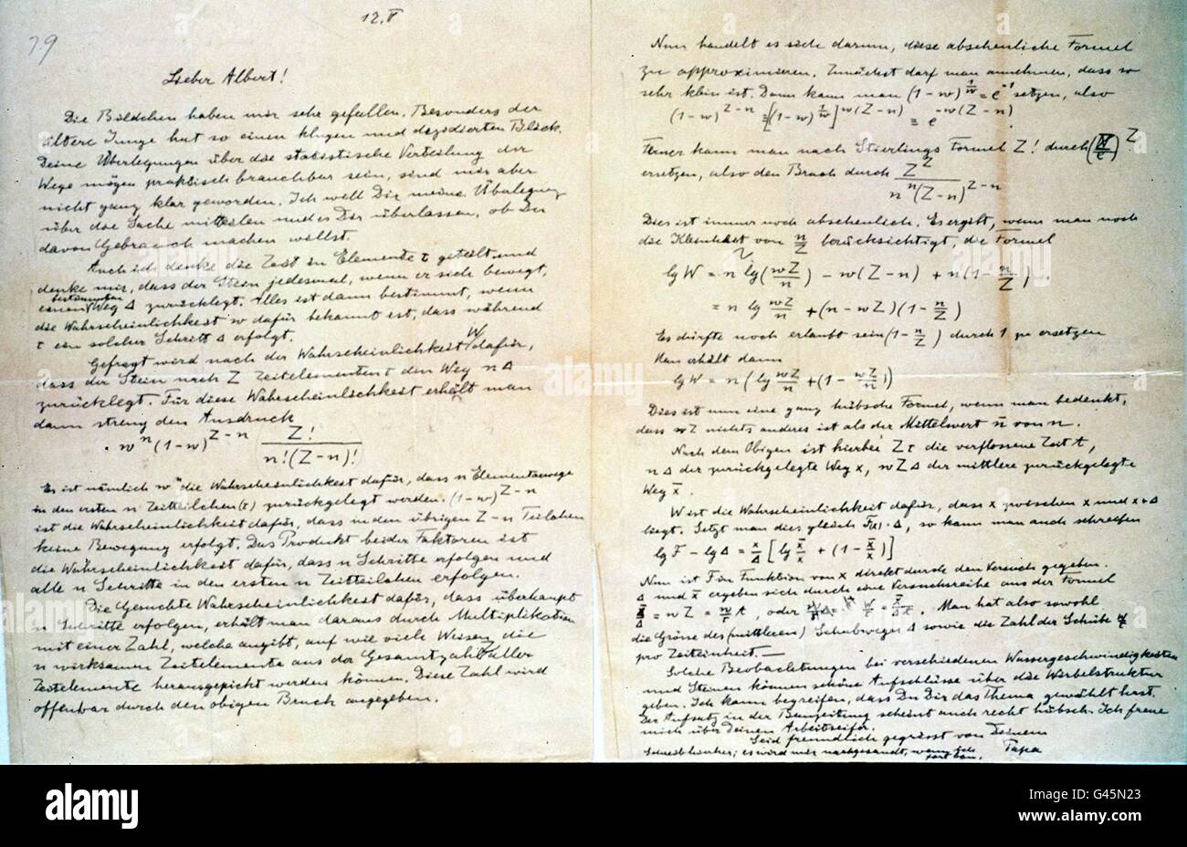 Una lettera autografata da Albert Einstein al figlio Hans Albert, datata  maggio 12 (si pensa che sia dagli anni trenta), con una spiegazione  dettagliata delle formule per scoraggiare le probabilità nella distribuzione