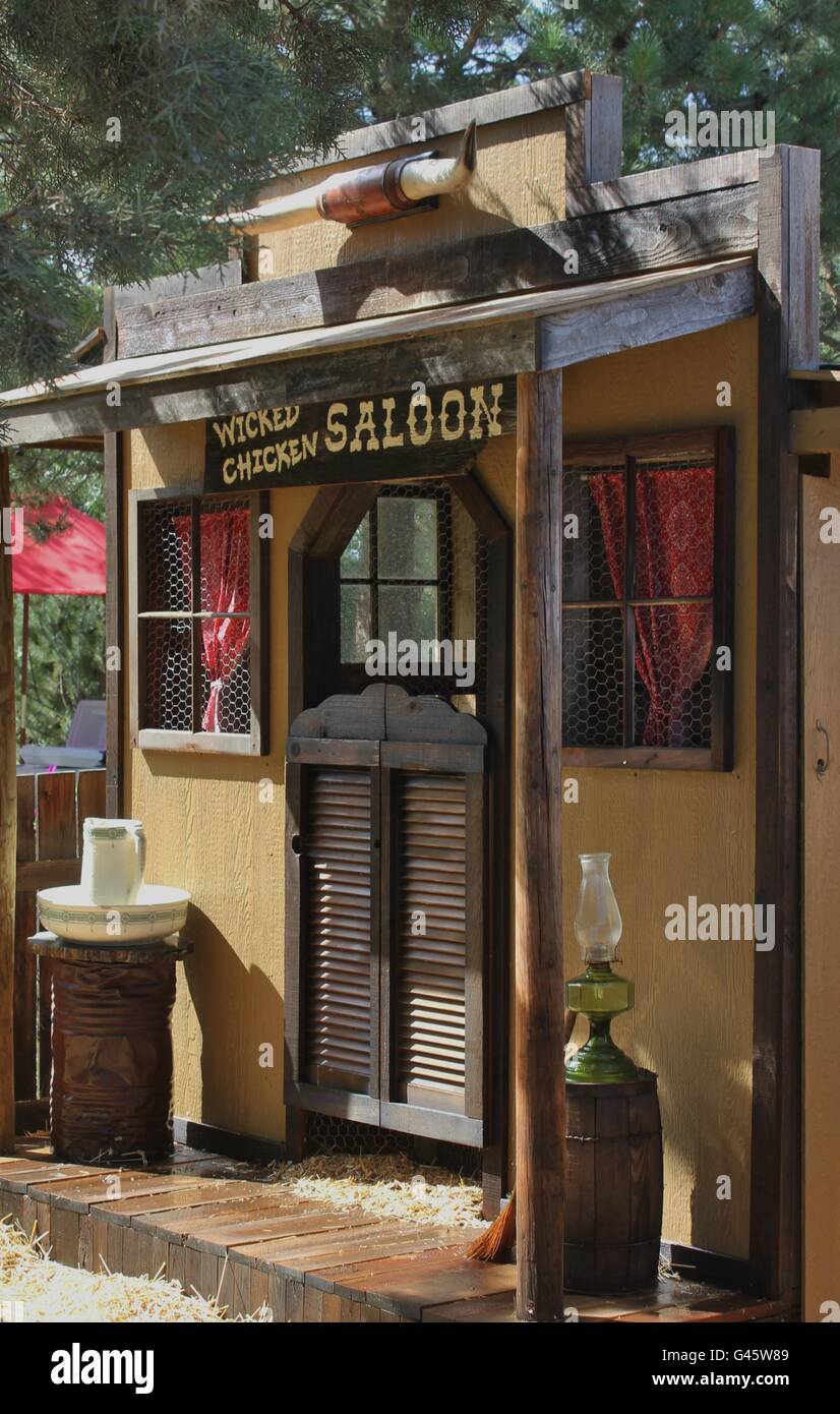 Cortile organico pollaio nel vecchio tema occidentale si trova in curva, Oregon Foto Stock