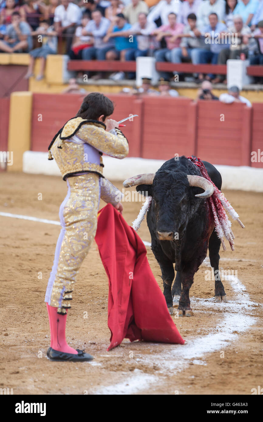 Il correttore di tori francese Sebastian Castella si prepara ad entrare per  uccidere il toro nell'arena di Andujar, Spagna Foto stock - Alamy