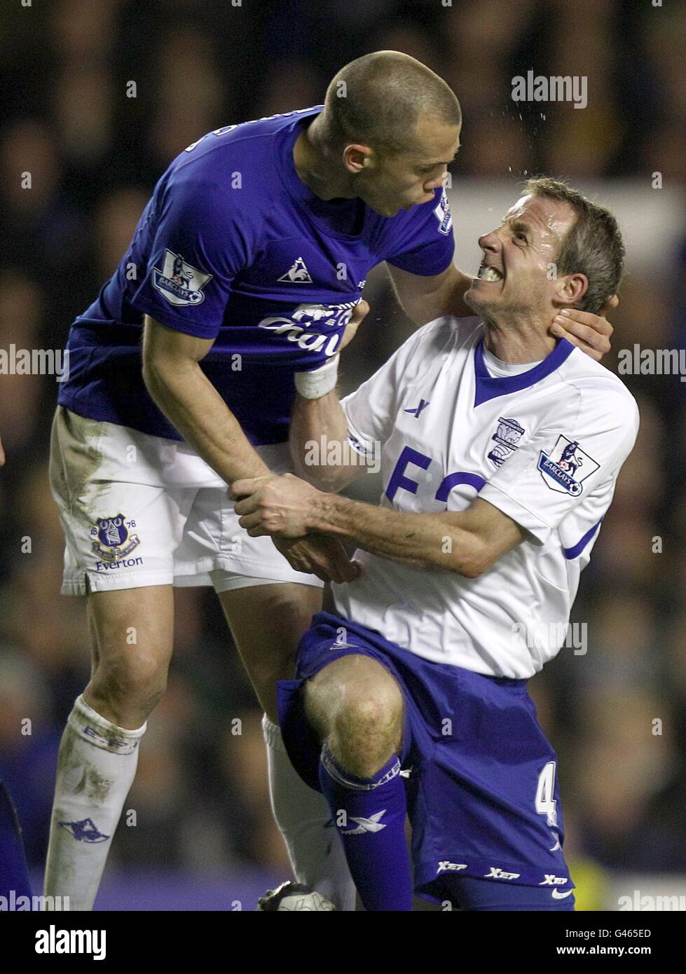 Calcio - Barclays Premier League - Everton / Birmingham City - Goodison Park. Durante la partita, i tempri si spartirono tra Johnny Heitinga (a sinistra) di Everton e Lee Bowyer (a destra) di Birmingham City Foto Stock