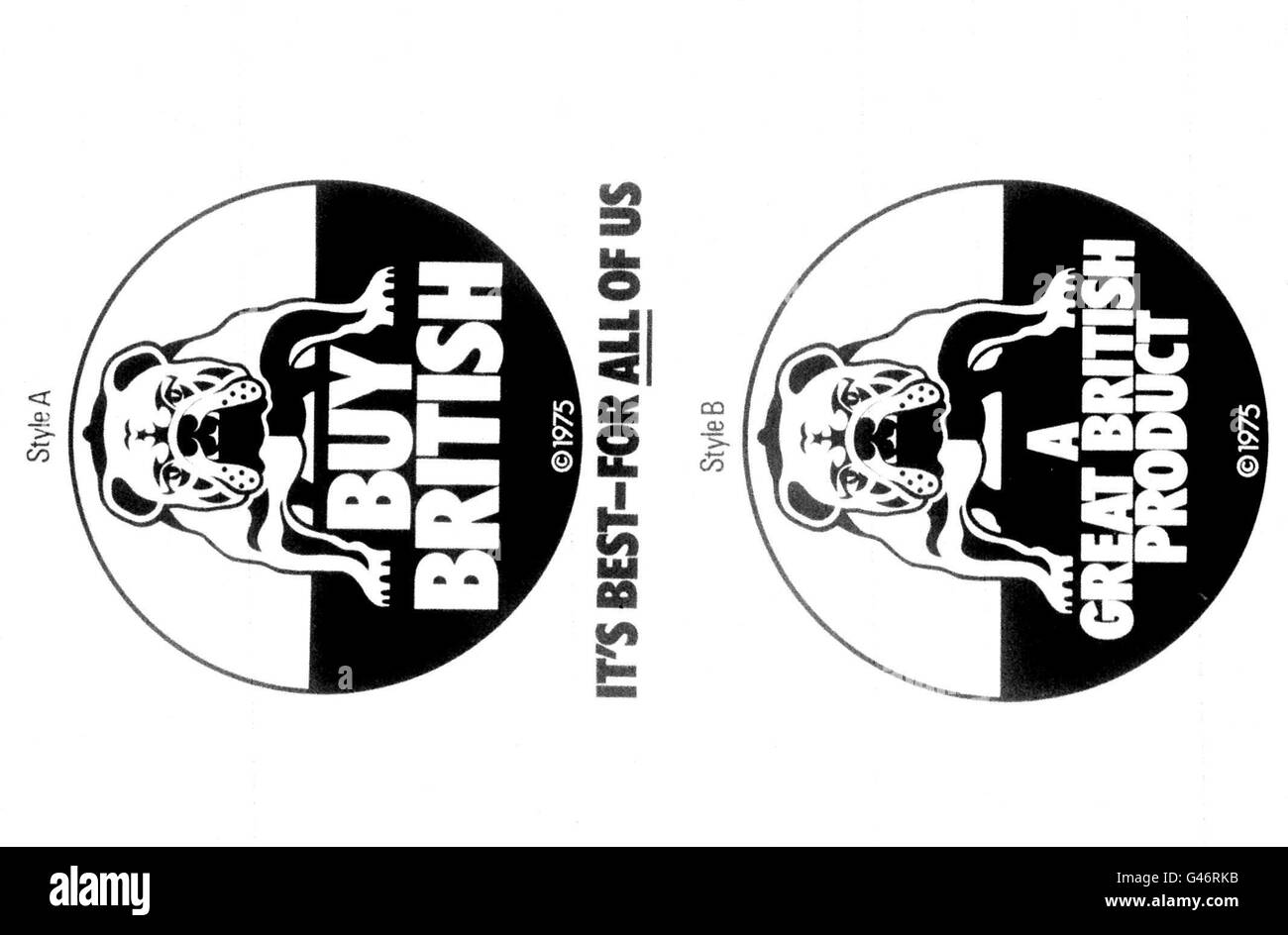 PA Libary photo datato 16.1.1975 : 'Bulldog' simboli creati per un Buy British Camaign. E 'stato rivelato stasera (MON) che il partito laburista sarà utilizzando un bulldog nella loro trasmissione elettorale che sarà trasmesso martedì sera. Immagine disponibile solo in b/n. Vedere PA storia ELEZIONE bulldog. Foto PA. Foto Stock