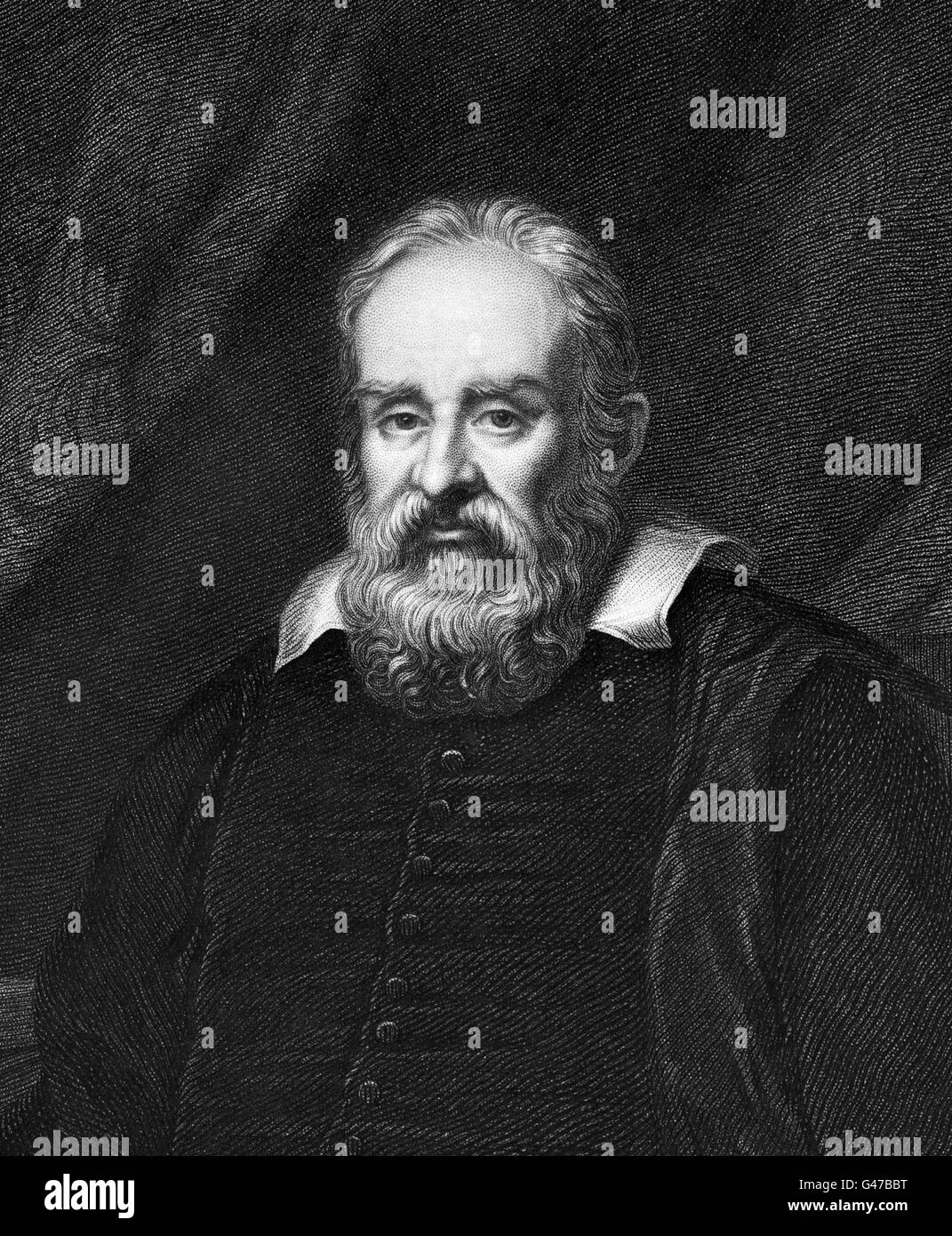 Galilieo. Ritratto di Galileo Galilei (1564-1642), l'astronomo italiano, fisico, ingegnere, filosofo e matematico. Incisione di Robert Hart (1833-1869) da un 1757 dipinto da Allan Ramsay. Foto Stock