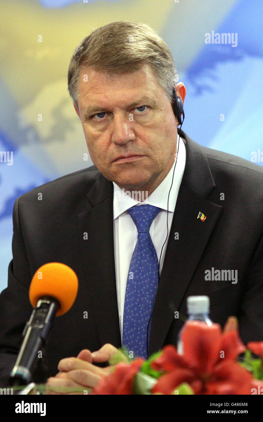 Sofia, Bulgaria - 15 Giugno 2016: Il Presidente della Repubblica di Romania Klaus Iohannis sta partecipando a una conferenza stampa a Sofia durante Foto Stock