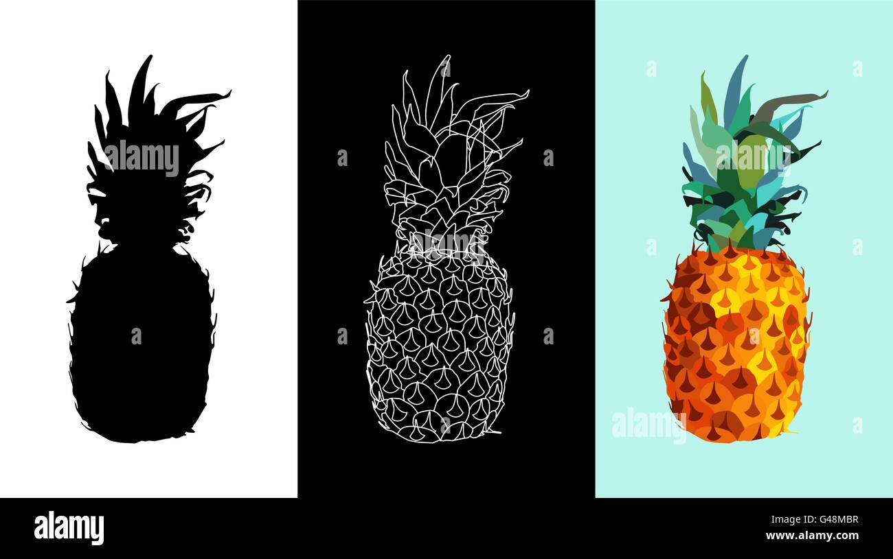 Set di estate ananas frutta illustrazioni arte, silhouette, monocromatico lo stile e il design colorato. Ideale per il biglietto di auguri, parte Illustrazione Vettoriale