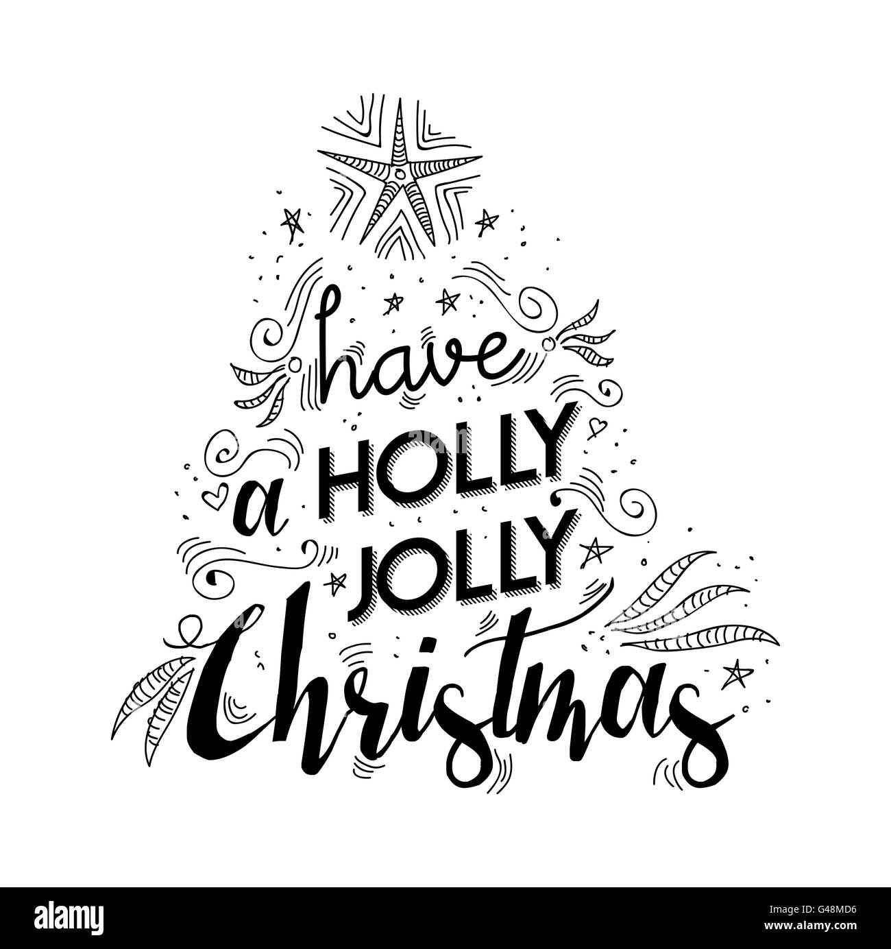 Buon Natale lettering design manoscritta. Holly Jolly happy xmas desidero citare con disegni rendendo forma ad albero per poster Illustrazione Vettoriale