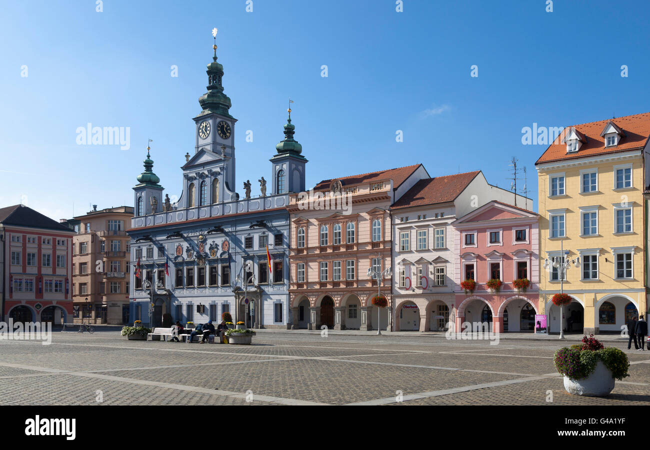 Town Hall, centro storico di Ceske Budejovice, Budweis, Budvar, Boemia del Sud, Repubblica Ceca, Europa Foto Stock