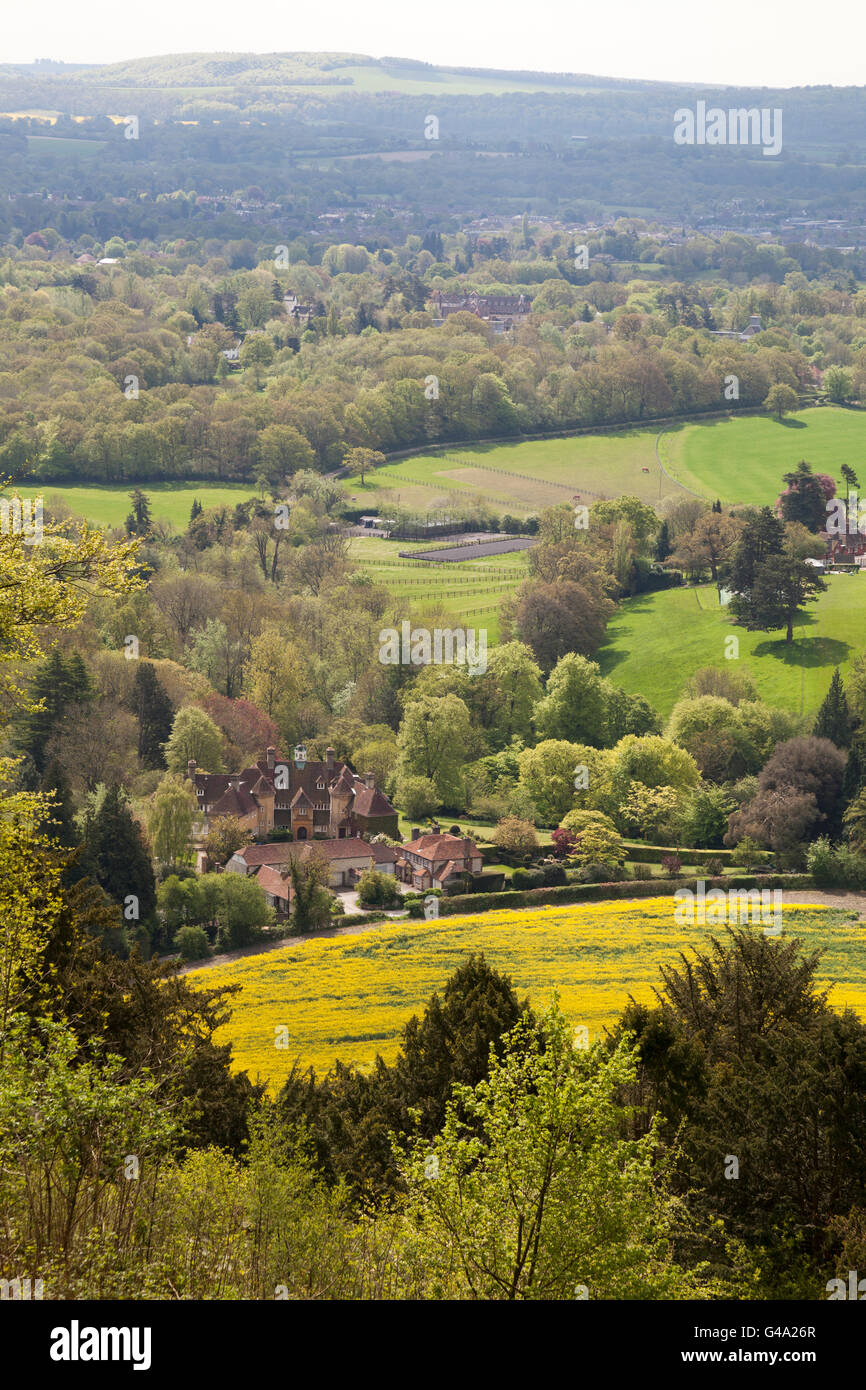Villaggio ripidi da Ashford appendini viewpoint sopra il villaggio, Hampshire, Inghilterra, Regno Unito, Europa Foto Stock