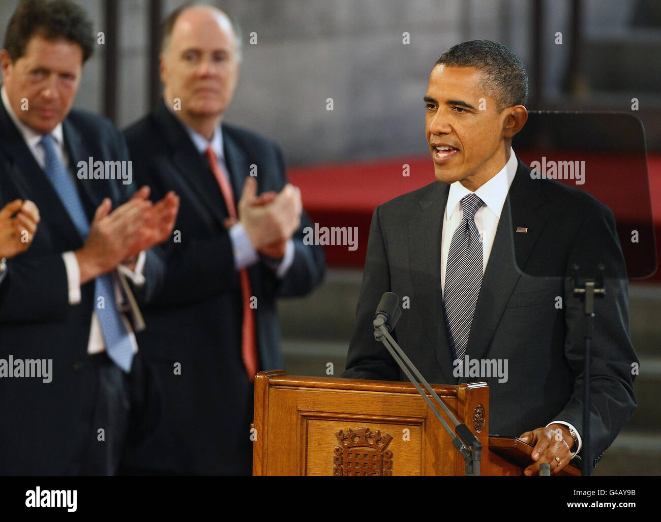 Il Presidente DEGLI STATI UNITI Barack Obama ha pronunciato il suo discorso di primo piano ad entrambe le Camere del Parlamento nella storica Westminster Hall, precedentemente accordata solo ad una manciata di personalità eminenti come Nelson Mandela, Charles de Gaulle e il Papa. Foto Stock