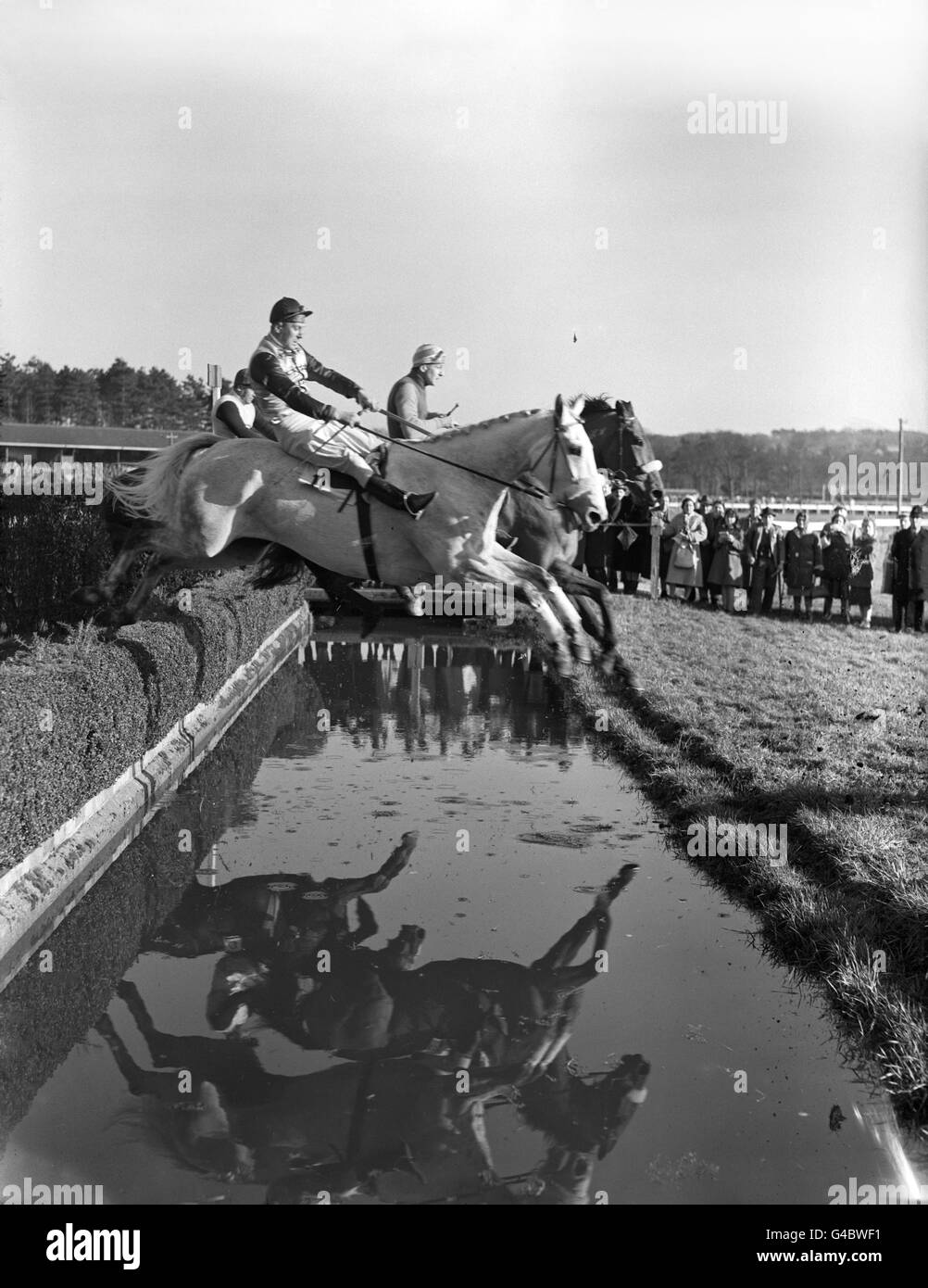 Immagine che mostra i riflessi dei corridori che prendono il salto d'acqua durante la Weald handicap Steeplechase. Più vicina la macchina fotografica è il grigio 'Breeze Pasqua (G slack) e al centro è l'eventuale vincitore 'il maggiore' A.keen) dietro è 'Axim' (F Winter) che ha terminato terzo. Foto Stock