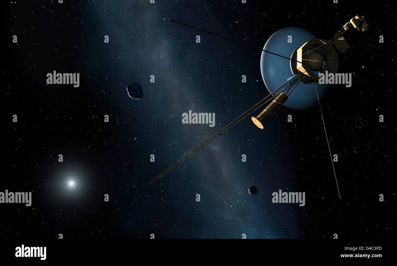 Veicolo spaziale Voyager, opere d'arte. Due navicelle Voyager (Voyager 1 e Voyager 2) sono state lanciate nel 1977. Questa temporizzazione ha approfittato di un raro allineamento dei giganteschi pianeti Giove e Saturno, che ha reso possibile per la navicella spaziale a visitare in una sola missione. Le sonde con successo le immagini trasmesse via IR e dati scientifici torna a terra mediante il loro piatto. Voyager 2 è attualmente 110 AU dalla terra â€" uno dei più lontani man-made oggetti nello spazio. In questa figura si vede il passaggio di un nucleo di cometa come teste in spazio interstellare, la sua missione tra i pianeti lunga oltre. Foto Stock