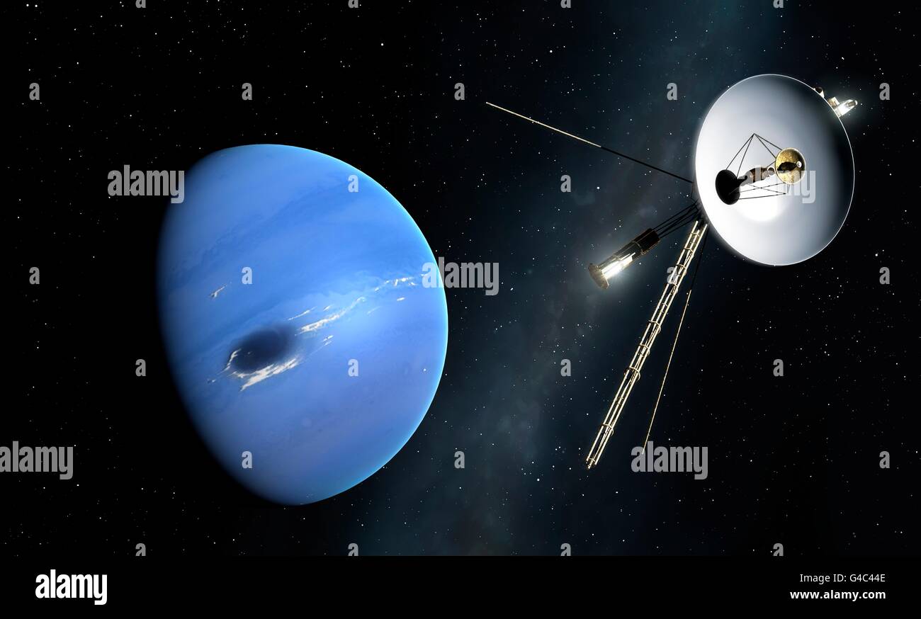 Veicolo spaziale Voyager a Nettuno, opere d'arte. Due navicelle Voyager (Voyager 1 e Voyager 2) sono state lanciate nel 1977. Questa temporizzazione ha approfittato di un raro allineamento dei giganteschi pianeti Giove a Nettuno, che ha reso possibile per la navicella spaziale a visitare in una sola missione. Le sonde con successo le immagini trasmesse via IR e dati scientifici torna a terra mediante il loro piatto. Voyager 2 è attualmente 110 AU dalla terra â€" uno dei più lontani man-made oggetti nello spazio. In questa figura si vede passare il pianeta Nettuno Foto Stock
