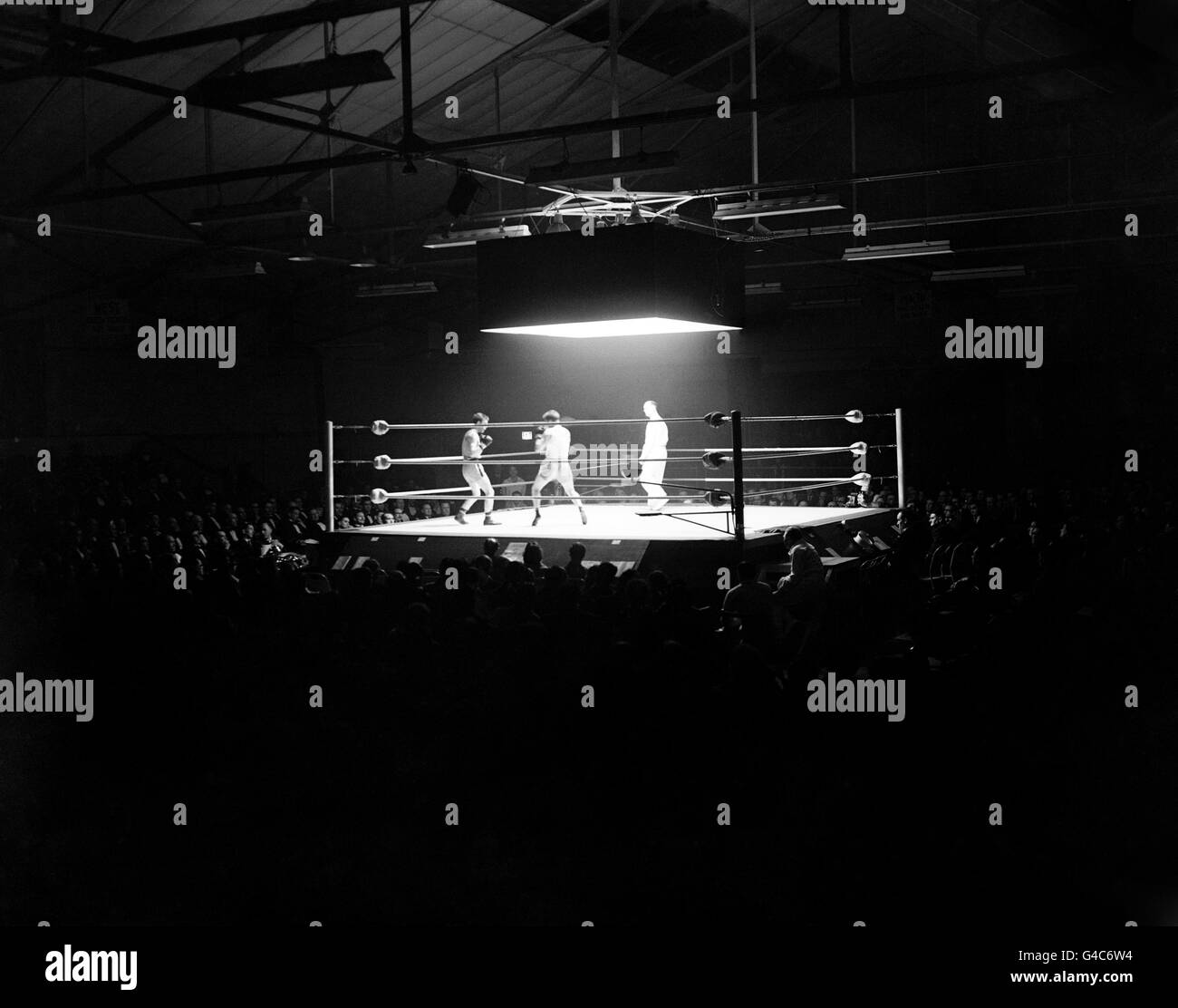 Pugilato - Royal Air Force / Army - RAF Station Stanmore. Una visione generale del bout tra SAC H.B Seaman (RAF) e Corporal J Mills (Army). Mills ha vinto su punti. Foto Stock