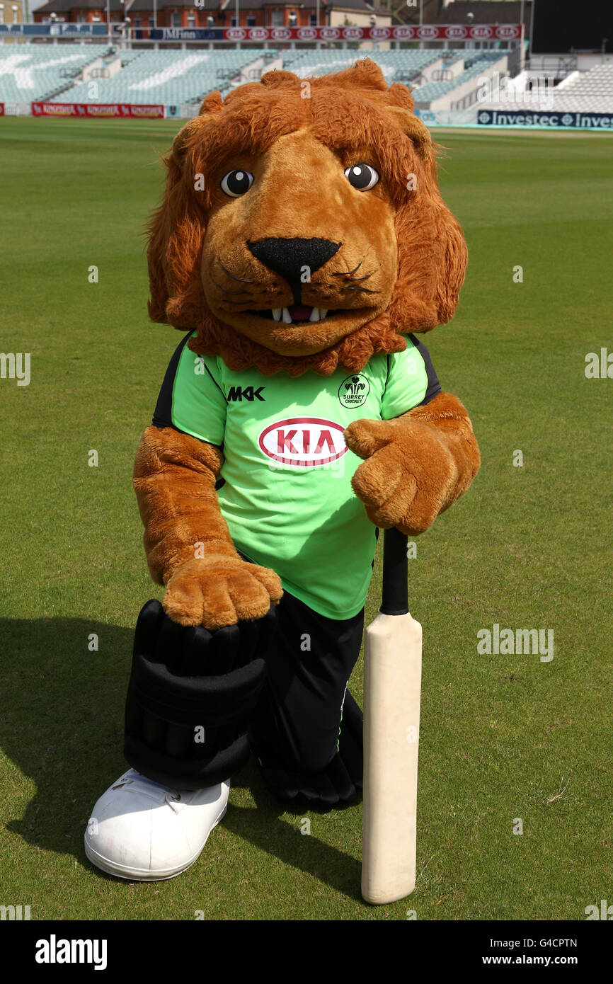 Cricket - Mascot Derby Photocall - The Kia Oval. La mascotte di Surrey Caesar il Leone pone al Kia Oval Foto Stock