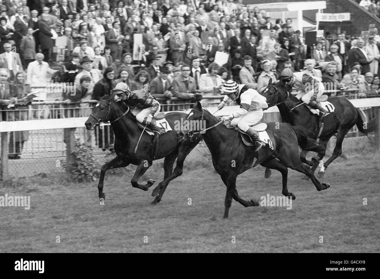 Queen's Bidder (c) con Richard Fox in su batte l'angolo per vincere il Russell Nursey handicap Stakes a Windsor da Pirbroch Lass (l), Bill Newnes in su. Foto Stock