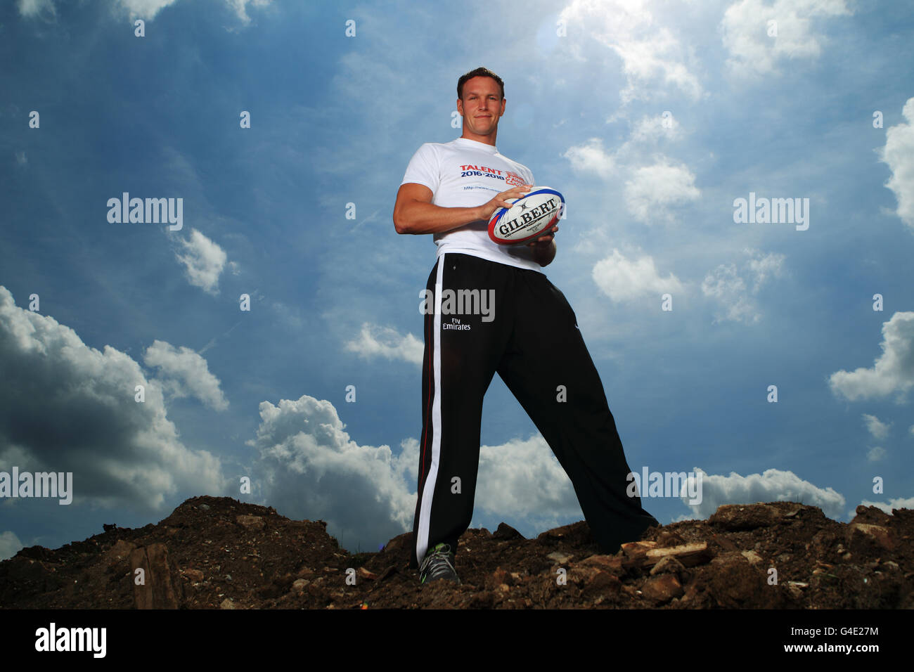 Inghilterra Rugby Sevens giocatore Tom Powell durante la fotocellula al Lee Valley Athletics Center a Londra, per promuovere Power2Podium, UK Sports ultimo programma ID talento. Foto Stock
