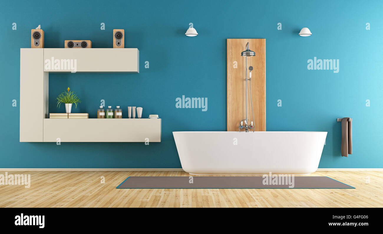 Blue bagno moderno con vasca e doccia - 3d rendering Foto Stock