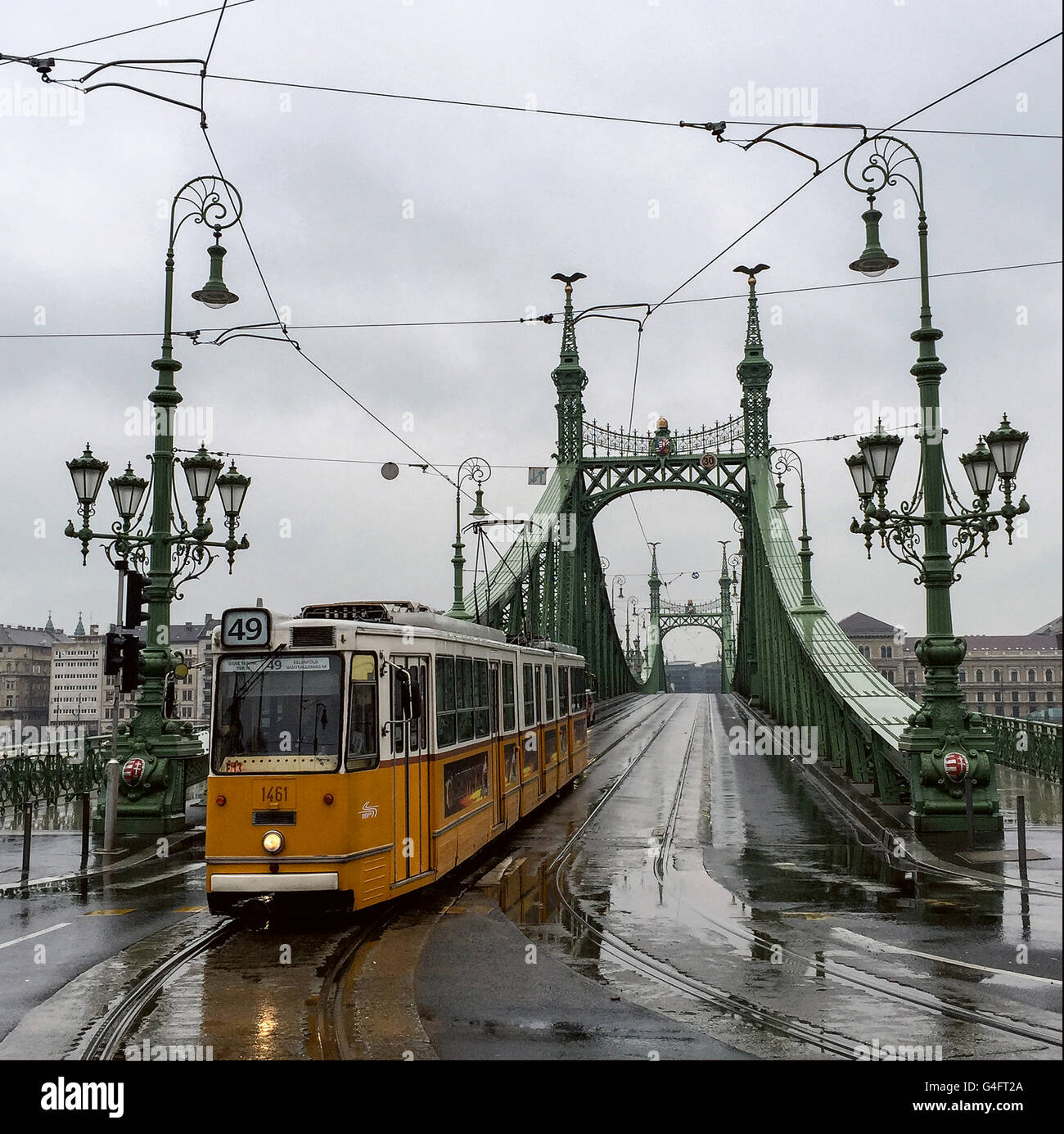 Un tram attraversando Ponte della Libertà a Budapest Ungheria Foto Stock