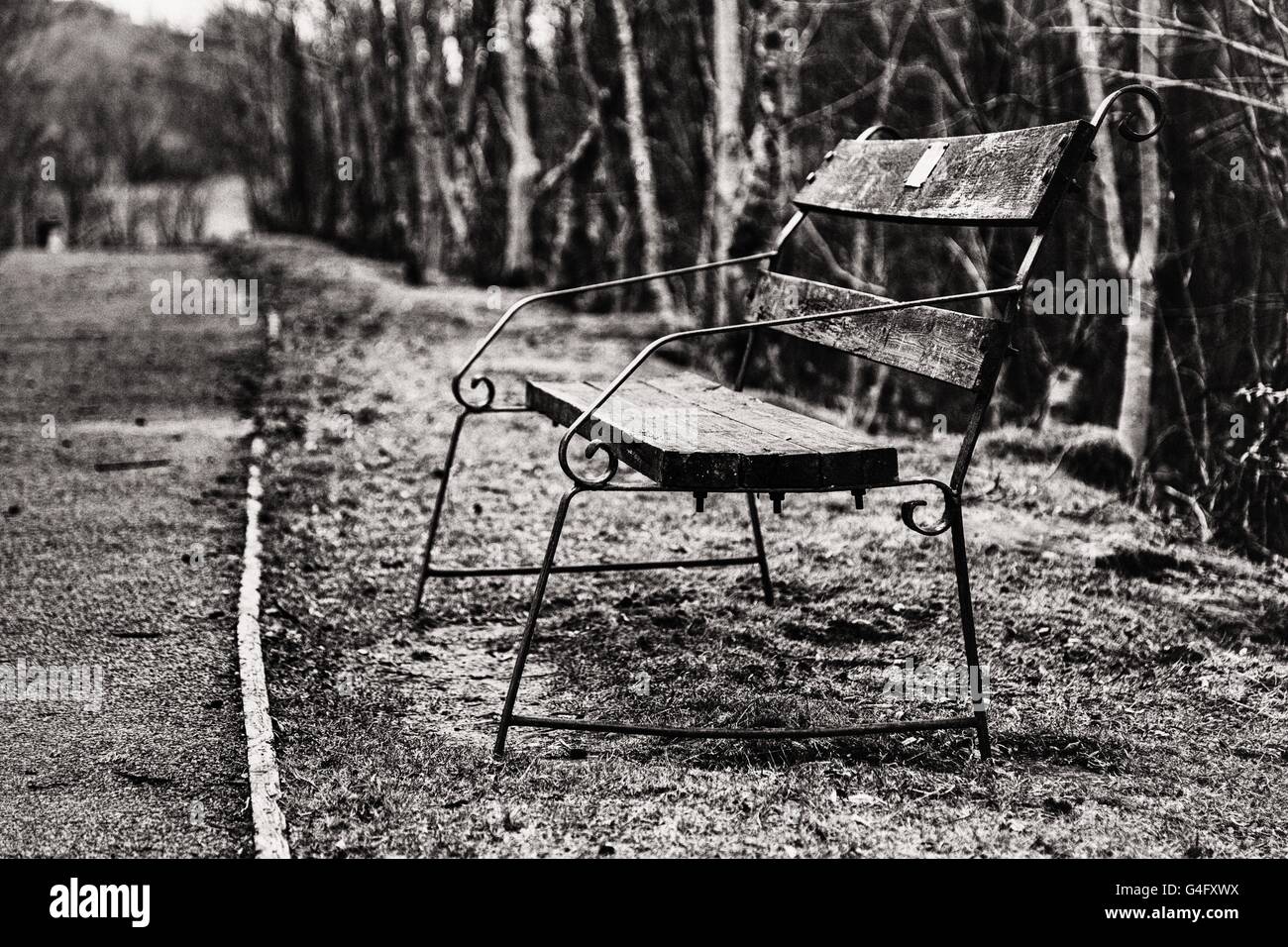 Una panchina nel parco in Bargoed Park South Wales UK. Rendering di immagini in bianco e nero per effetto. Foto Stock